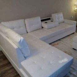 

[[ASK DISCOUNT COUPON🍥 sofa Couch Loveseat Living room set sleeper recliner daybed futon ]hegh  White Faux Leather Reversible Sectional With Ottoma