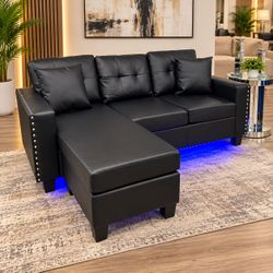 Black  L-Shaped Sectional Sofa with LED Lights