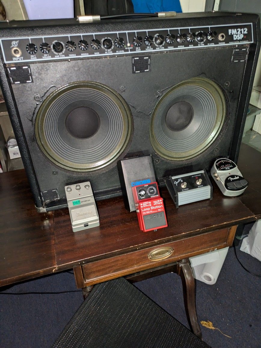 Guitar Speakers By Fender And Foot Pedals Four Of Them