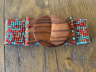 Vtg 1970s Beaded Stretch Belt Turqoise Carnelian Teak Buckle Boho