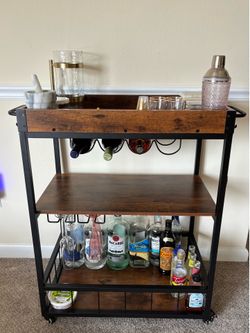 Rustic Industrial Bar Cart / Beverage Station – Like New