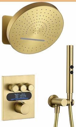 Lefton Shower System in Fahrenheit Display (Battery-free), 13” Overhead Round Rainfall Shower Head with All-in-one Handheld Spray Showerhead, 4-in-1 C