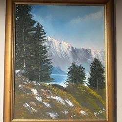 Vintage Framed Original Mountain Landscape Oil Painting Alpine Wooden Frame