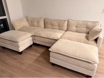 Modular Sectional Sofa, 111.5" U-Shaped Corduroy Comfy Sectional Couches for Living Room, 3-Seater Cloud Couches with 2 Movable Ottomans, Flexible Com