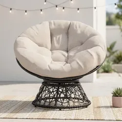 Swivel Papasan Chair - Black Wicker Base with Beige Cushion - Brand New - K1BB