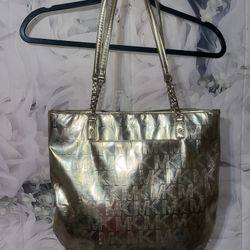 Michael Kors Jet Set Grab Bag MK Logo Mirror Metallic Tote Purse Bag  Gold