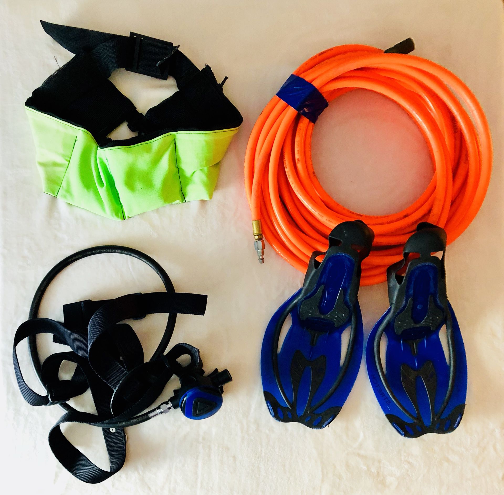 Diving Gear: Respirator, Air Hose, 12lb Weight Belt, Swim Fins