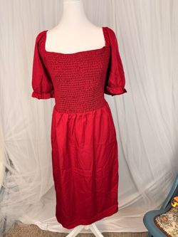 YAMQETKO Red Smocked Midi Dress