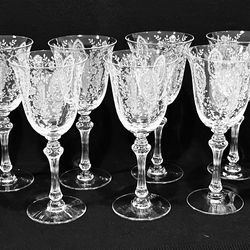 Tiffin-Franciscan June Night Set of 7 Water Goblets Crystal Etched 7-7/8”.