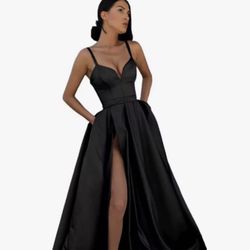New V-Neck Bridesmaid Dress w/ Slit Pleated Satin Formal Evening Long Party Gown (4)