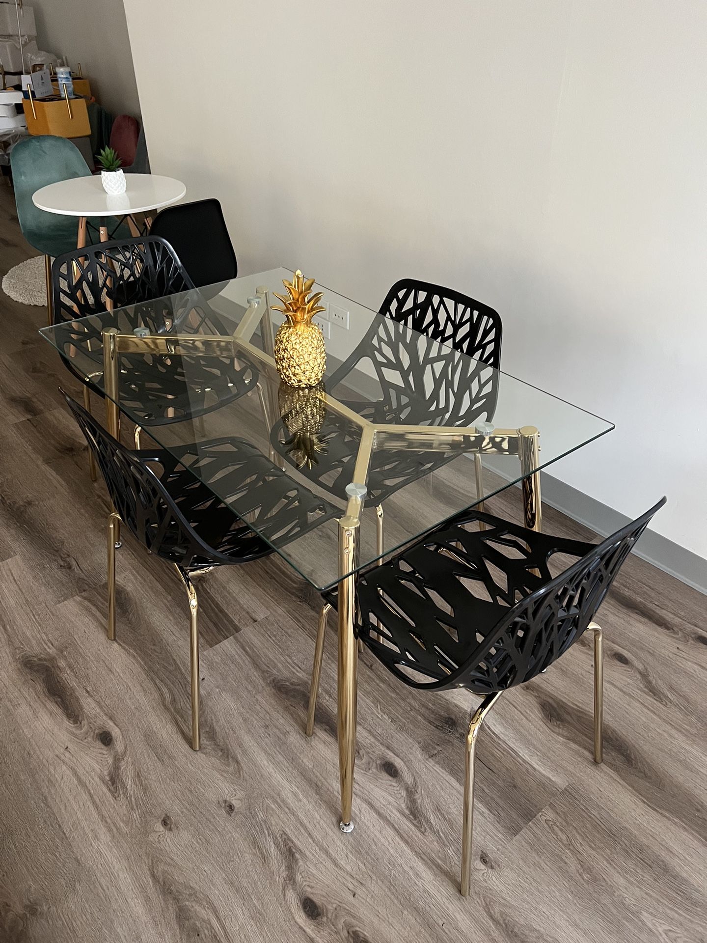 Luxury Gold Glass Gold Rectangular Dining Table Set For People