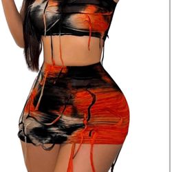 SMALL Women's 2 Piece Outfit Tie Dye Fringe Trim Crop Tank Top with Mini Skirt Set