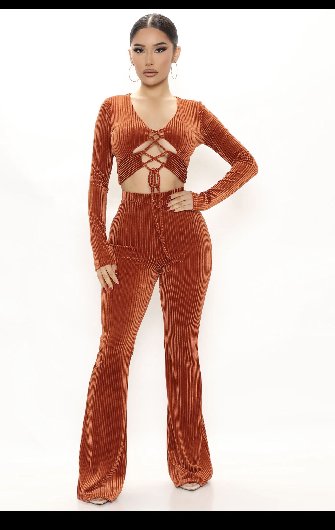 Fashion Nova 2 Piece New Day Velvet Pant Set - Rust US M