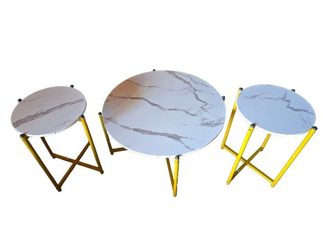 White Round Wood Top Coffee Table with 2-End Tables/Side Table, Marble Look Tabletop Metal Frame with 3-Pieces