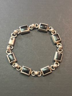 Mexico ATI 925 Sterling Silver Black Onyx Inlay Bracelet Vintage 21.6 Gram