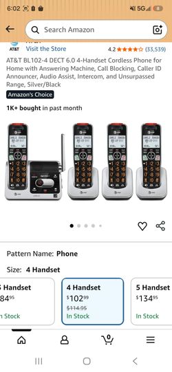 AT&T BL102-4 DECT 6.0 4-Handset Cordless Phone for Home with Answering Machine, Call Blocking, Caller ID Announcer, Audio Assist, Intercom, and Unsurp