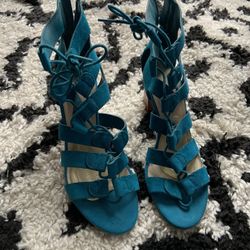 Marc Fisher Suede Lace-Up Block Heel Sandals - Paradox, Size 8 1/2 W, Teal