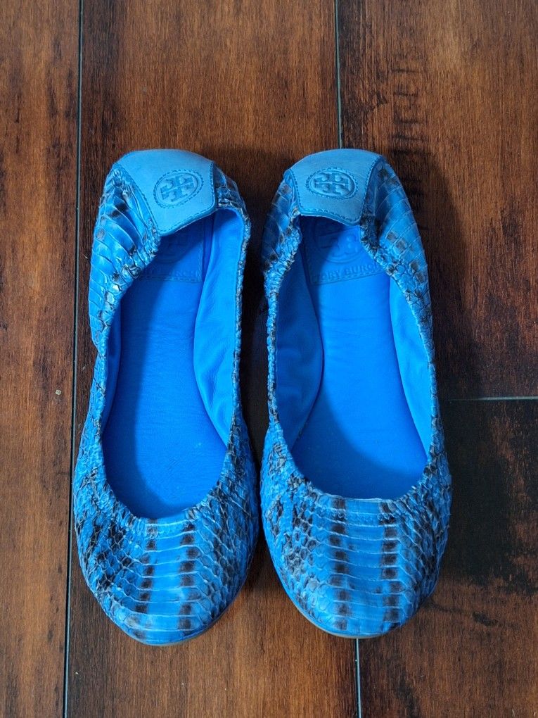 Tory Burch Eddie Blue Snakeskin Pattern Ballet Flats Size 7