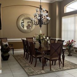 Formal Dining Room Table With 10 Chairs & Matching Buffet Server Credenza Cabinet 