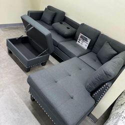 L Shape Grey Fabric Sectional Sofa With Ottoman 