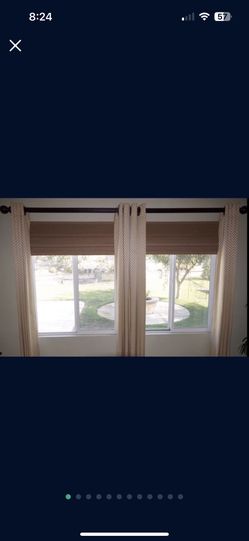 Custom-made Bamboo Roman blackout shades and 8 foot long curtains