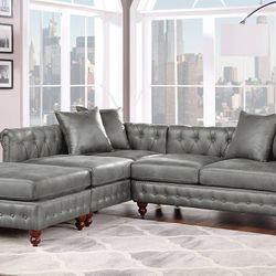 Brand New Leatherette Sectional Grey Gray Reversible Tufted Free Pillows
