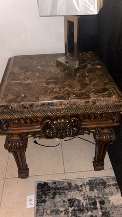 2 Ornate Wood End Table with Marble Top