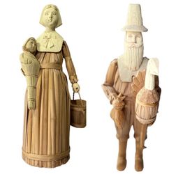 Vintage Cornhusk & Carved Wood 17” Male & 16” Female Pilgrim Figures