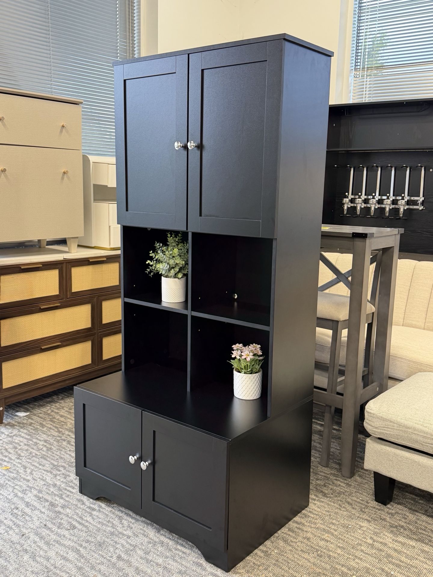 Brand New✨67” Tall & Wide Freestanding Storage Cabinet, Black Wooden Organizer with 4 Doors & Adjustable Shelves, Perfect for Kitchen, Bathroom, Bedr
