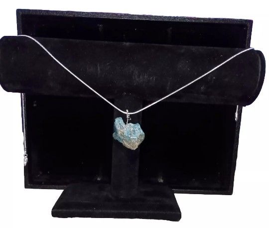 Blue apatite rough pendant necklace .925 sterling silver snake chain 2mm 20 inch