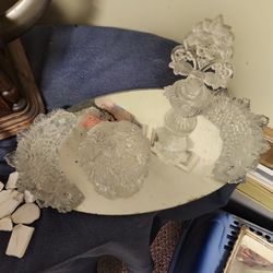 Vintage FROSTED & CLEAR Grape leaf RELIEF MOTIF PRESSED GLASS VANITY JAR and perfume bottle and vanity mirror 1940