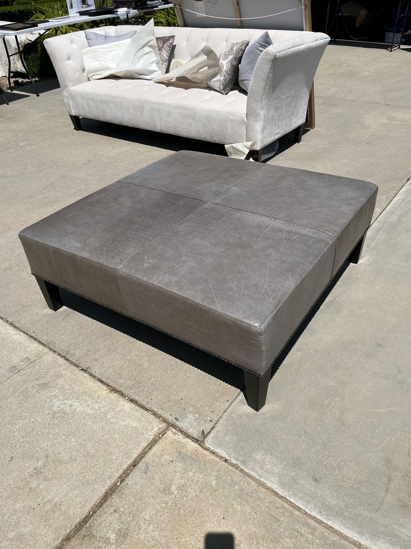 Grey Genuine Leather Ottoman With Studding