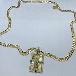 14k solid gold cubana  chain and square San Judas pendant , solid gold necklance