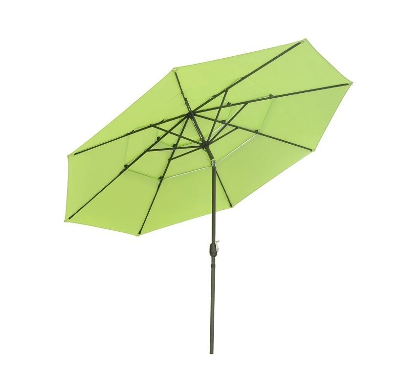 11ft 8-Rib Patio Outdoor Market Umbrella 3-Tiered Tilt (Color: Green) - Paraguas - Sun Protection - Independence Day Sale