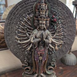 12" Avalokiteshvara 1000 Arms Statue – Bonded Bronze Resin Buddhist Sculpture Vintage