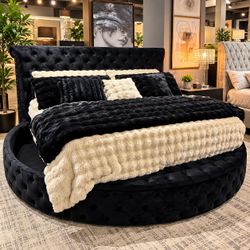 Black Velvet Tufted Queen Size Round Bed Frame