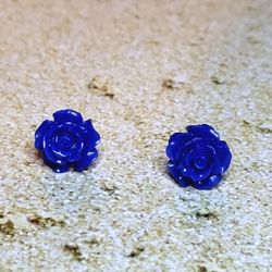 Dark Blue Rose Flower Earrings 