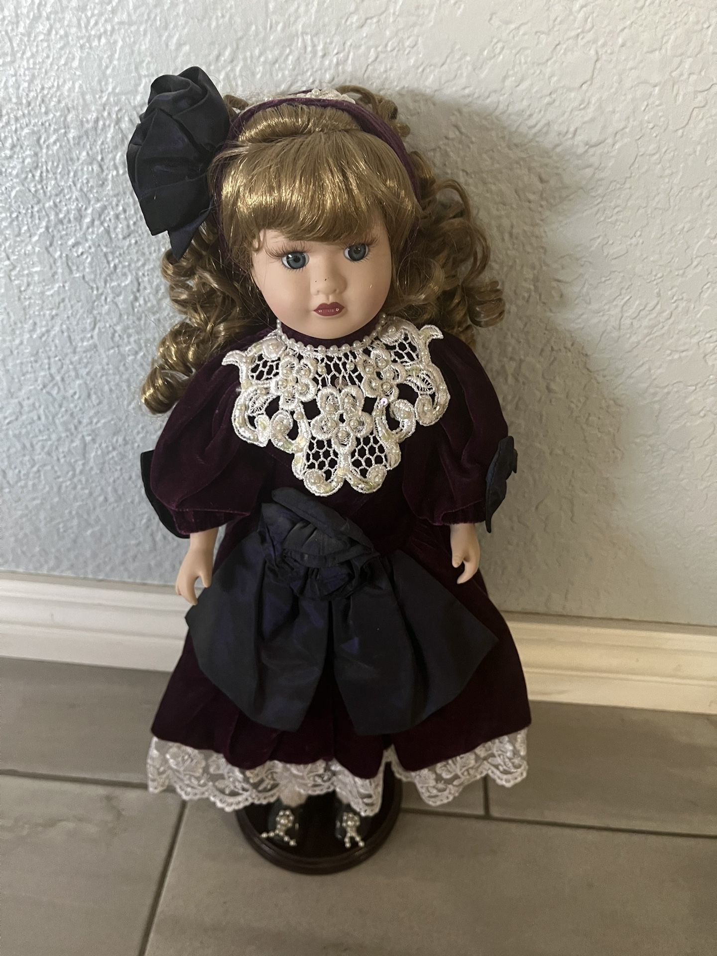 Beautiful Porcelain Doll On Wood Stand - New