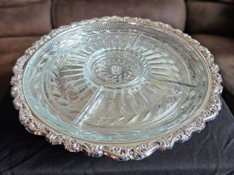 Vintage Webster Wilcox Oneida Silver Plated Lazy Susan Divided Glass Relish Tray