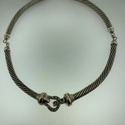 SIGNED CLASSIC DIAMOND BUCKLE CABLE CHOKER NECKLACE~18K GOLD & STERLING SILVER