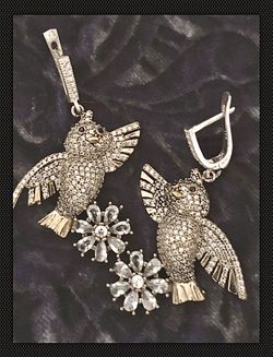 Birds Flowers Drop Dangle Sterling Silver Crystal Topaz Earrings