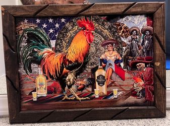 Rooster Image in Wooden Rustic Frame 12x17" Gallo & Tequila Cuadro Rustico