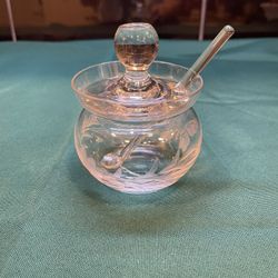 Vintage Etched Crystal Jam/Jelly/sugar Jar With Lid/spoon 
