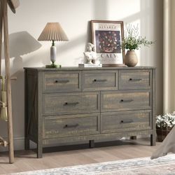 7 Drawer Farmhouse Dresser,Wood Adult Rustic Chest of Drawer with Metal Handles for Bedroom Living Room Hallway,Vintage Black  STURDY & D