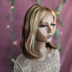 12" human hair wig straight bob blonde brown auburn  4x4 lace front  new