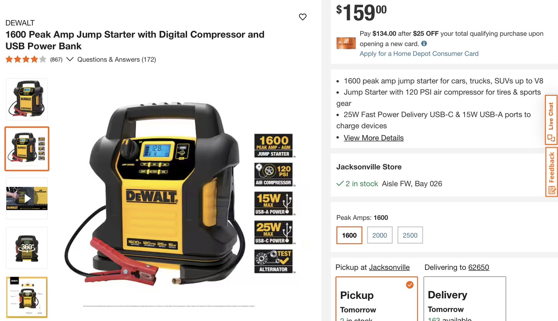 DEWALT 1600 Peak Amp Jump Starter with Digital Compressor and USB Power Bank.
