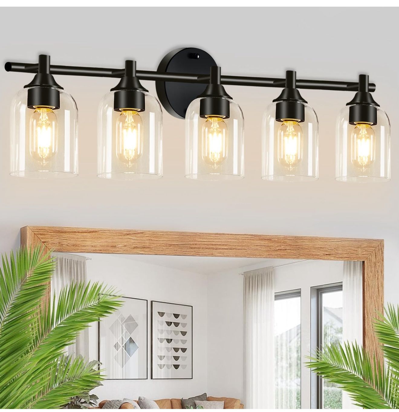 Modern Black 5-Light Bathroom Vanity Light Fixtures with Clear Glass Shade – Wall Lamp for Mirror, Kitchen, Living Room, Hallway, Cabinet, Porch (E26
