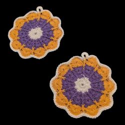 Vintage Granny Core 2 Purple Yellow White Crocheted Flower Pot Holders 
