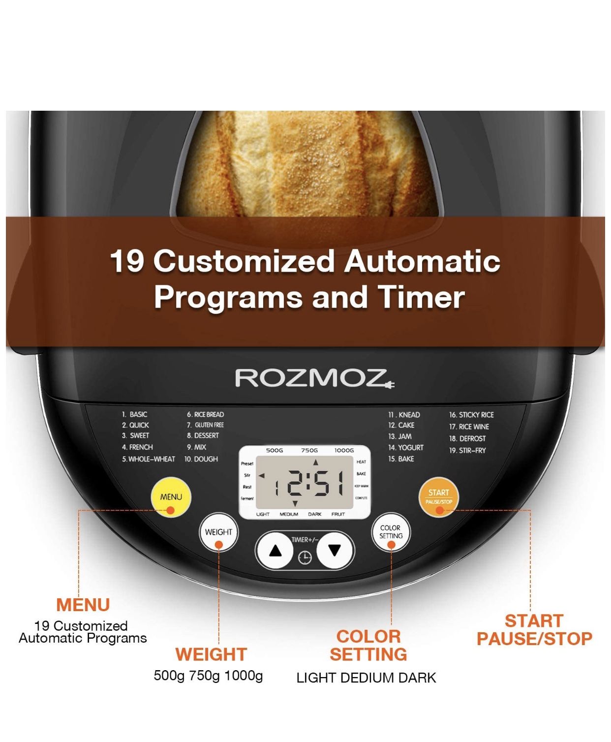 Bread Maker, ROZMOZ 19-in-1 Stainless Steel Bread Machine