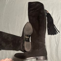 Russell & Bromley Black Suede Knee High Tassel Side Zip Boots EU 36 Italy